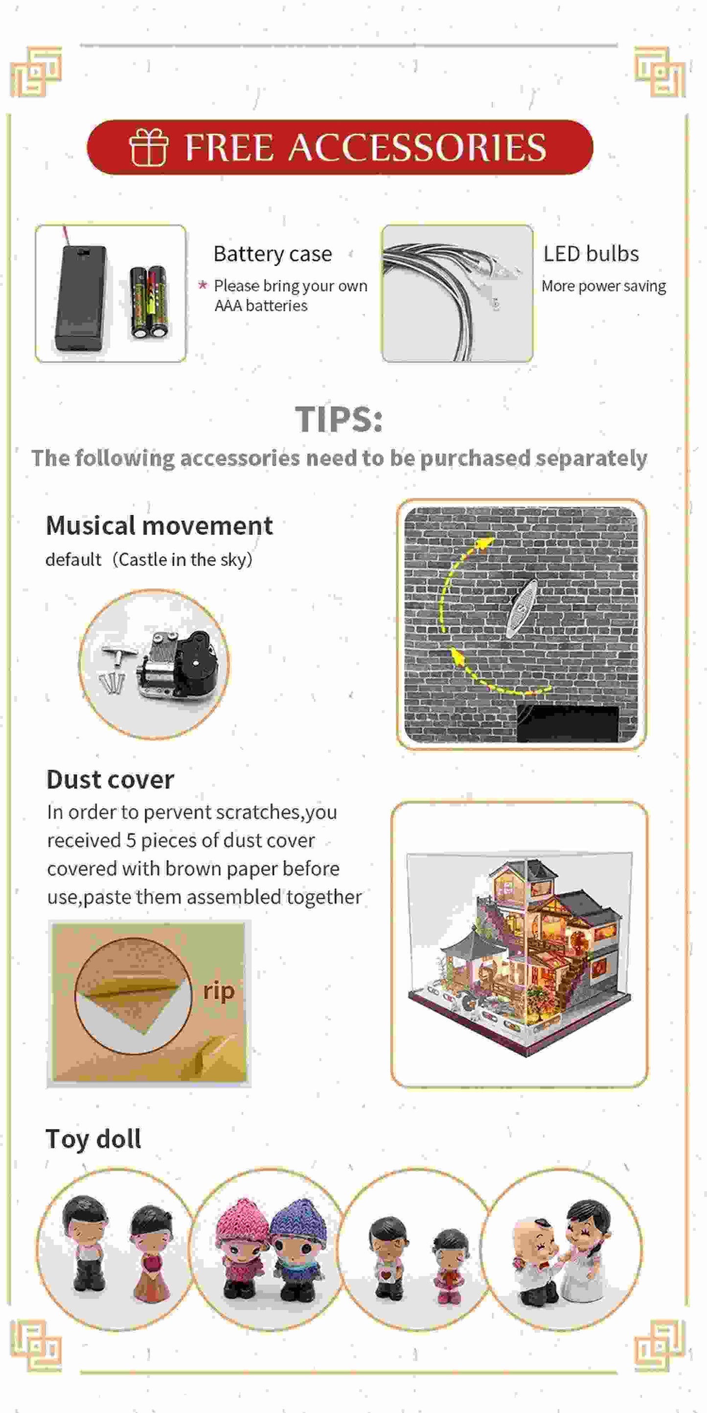 Wooden Miniature Dollhouse Furniture Kits "Ink Elegant Pavilion" (L2122) w/Music Motor, Dust Cover, Dolls and Glues