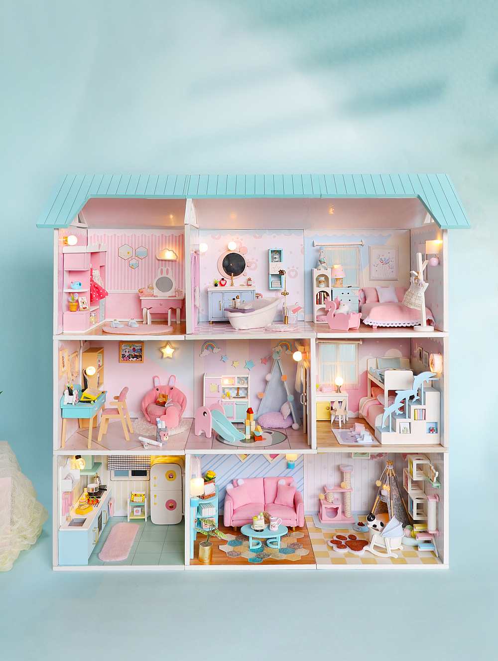 Hoomeda DIY Nine-in-One Combined Wooden Miniature Dollhouse w/ LEDs and Roofs Birthday Gift