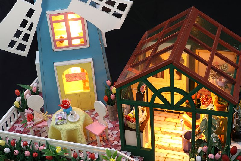 DIY M036 ’Amsterdam Windmill Flower House‘ Wooden Miniature Dollhouse w/ LED Lights, Music Movement and Glues
