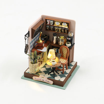 DIY "Transit Coffee" S2301 Dollhouse Furniture Wooden Miniature Dollhouse w/ LEDs and Dust Proof Cover Toy Kits Fun Crafts
