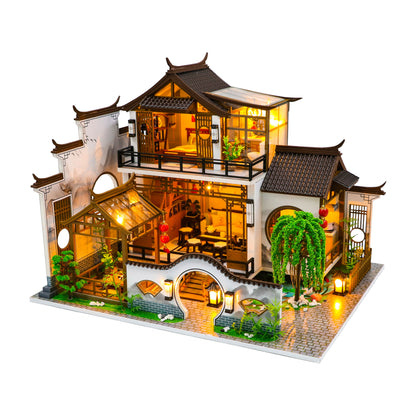 Wooden Miniature Dollhouse Furniture Kits PC2314 ’Poetic Charm‘ w/Dust Proof Cover, LED Lights and Glues,