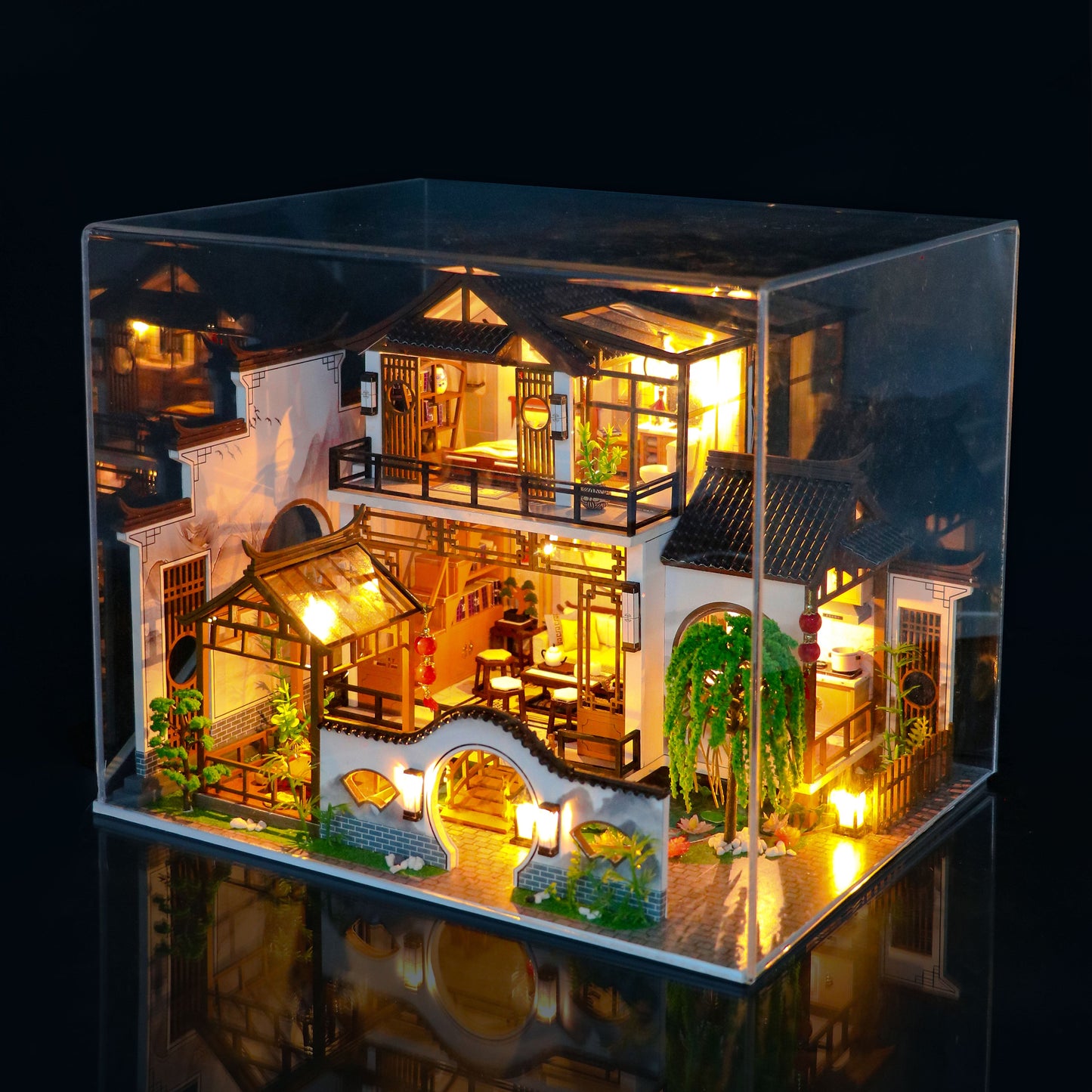Wooden Miniature Dollhouse Furniture Kits PC2314 ’Poetic Charm‘ w/Dust Proof Cover, LED Lights and Glues,