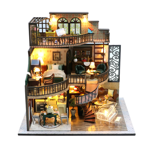 DIY M2132 ’Dream Building Pavilion‘ w/Dust Proof Cover, LED Lights and Glues, Wooden Miniature Dollhouse Furniture Kits