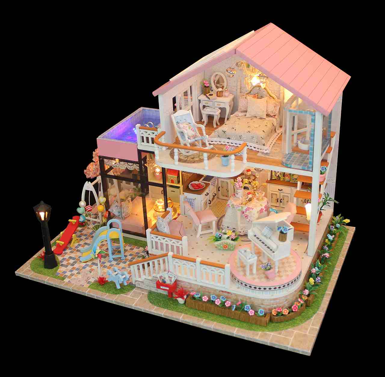 Miniature Dollhouse 13846 'Sweet Words‘ w/ Gues, LEDs and Remote Control Switch, Wooden Miniature Doll House, Handmade Gifts Birthday Presents