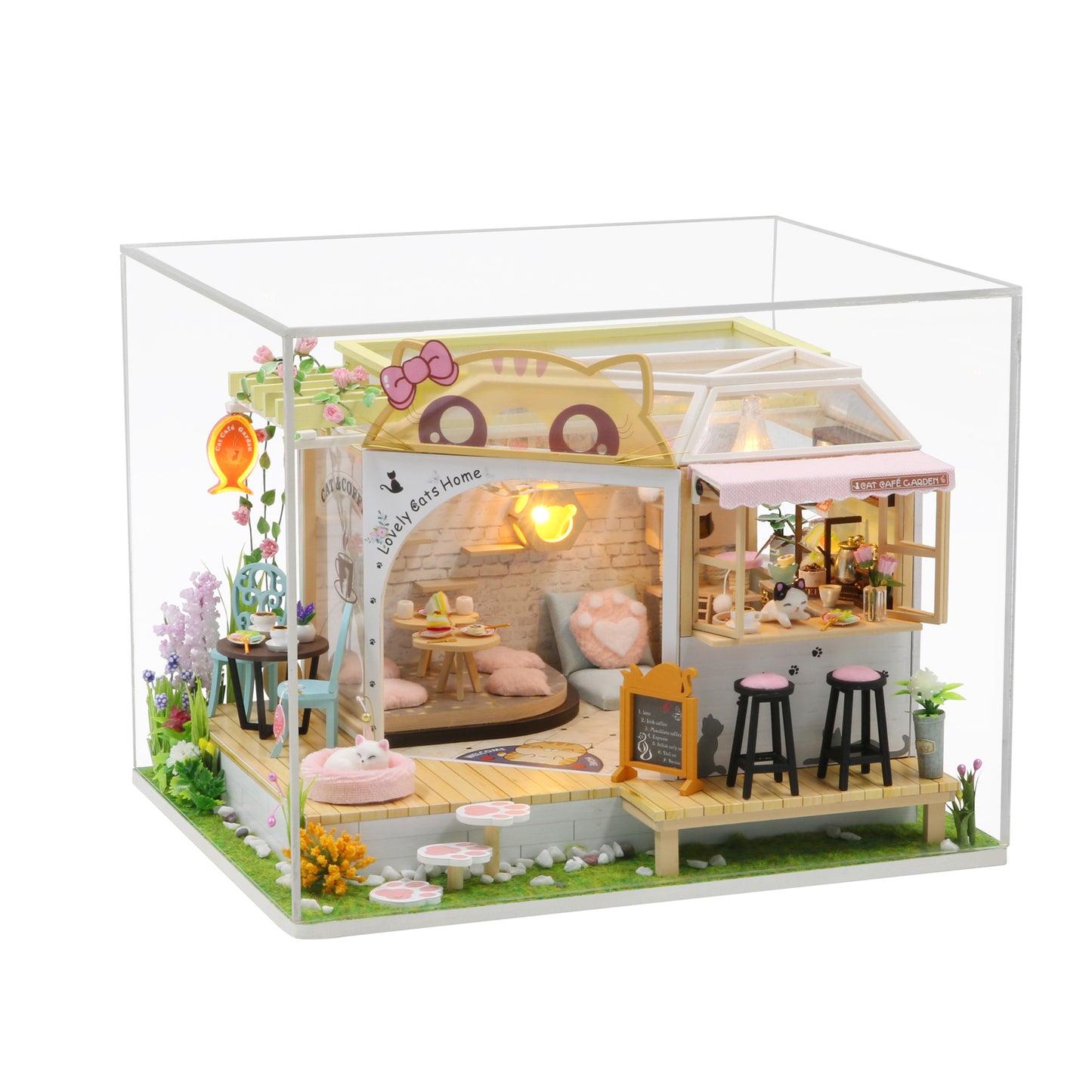 Hoomeda M2111 ’Cat Cafe Garden‘ w/Dust Cover, LED Lights and Glues, Wooden Miniature Dollhouse Furniture Kits