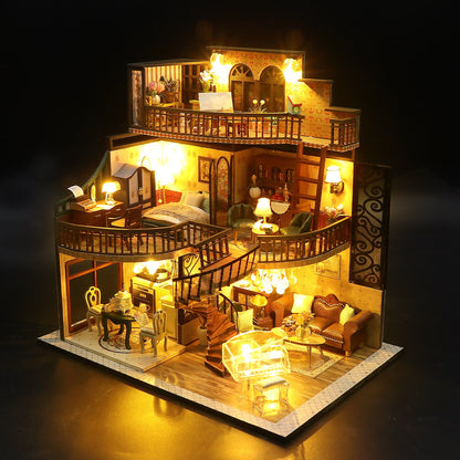 Hongda M2132 ’Dream Building Pavilion‘ w/LED Lights and Glues, Wooden Miniature Dollhouse Furniture Kits