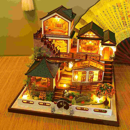 Wooden Miniature Dollhouse Furniture Kits "Ink Elegant Pavilion" (L2122) w/Music Motor, Dust Cover, Dolls and Glues