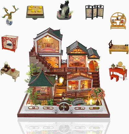 Hongda Wooden Miniature Dollhouse Furniture Kits "Ink Elegant Pavilion" (L2122) w/LED Lights, and Glues