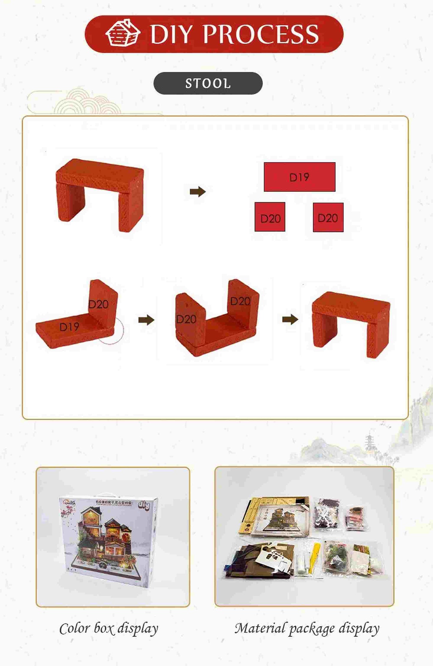 Hongda Wooden Miniature Dollhouse Furniture Kits "Ink Elegant Pavilion" (L2122) w/LED Lights, and Glues