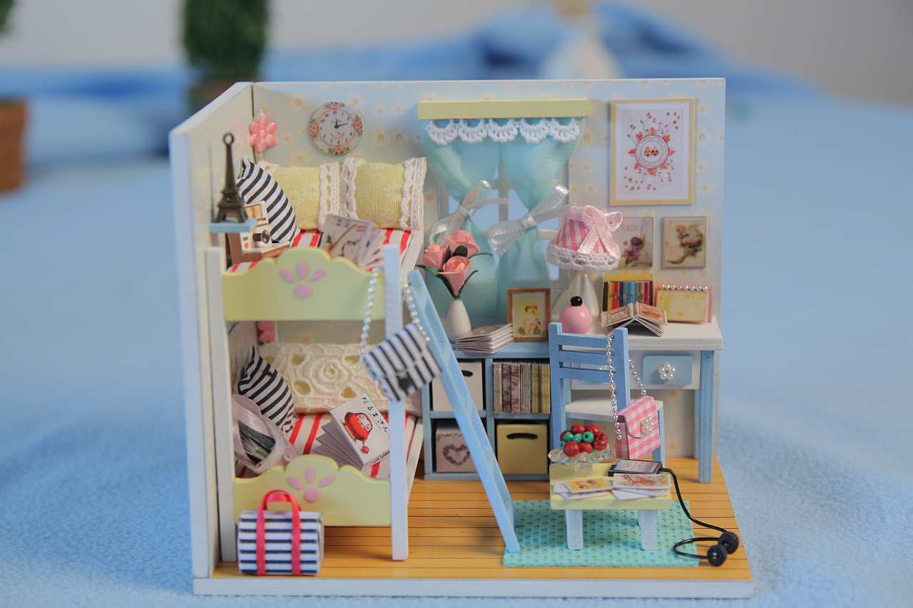D014 'Youth Ever' Wooden Kids Toy Miniature Dollhouse w/ LED Lights, Dust Proof Cover and Glue