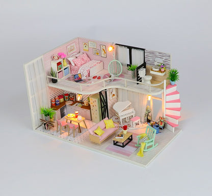 DIY 'Anna's Pink Melody' Wooden Miniature Doll House Furniture Kits w/ LEDs and Glues Fun Crafts Handmade Gifts