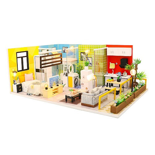 M043 ’Simple Life‘ Wooden Miniature Dollhouse w/ LEDs, Dust Proof Cover and Glues