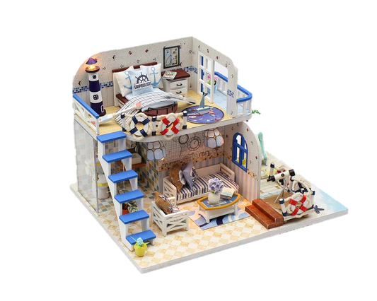 DIY M032 'Blue Coast‘ Wooden Kids Toy Miniature Doll House w/ LEDs and Dust Proof Cover