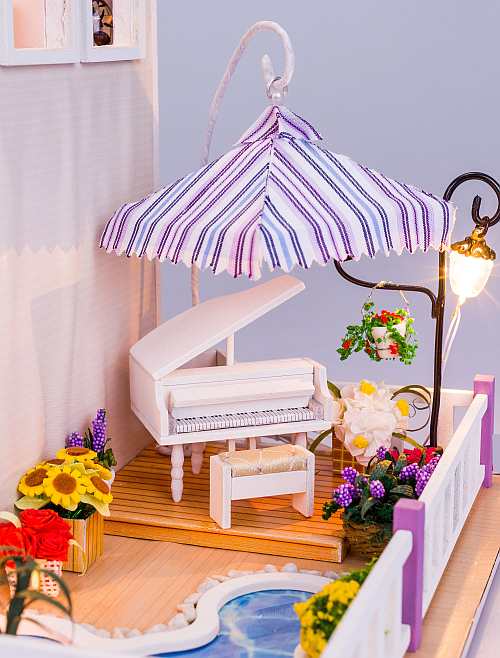 Dollhouse 13834 "Musical Summer" w/ Dust Proof Cover, Glues and LED Lights, Wooden Miniature Dollhouse Anniversary Gifts Birthday Presents