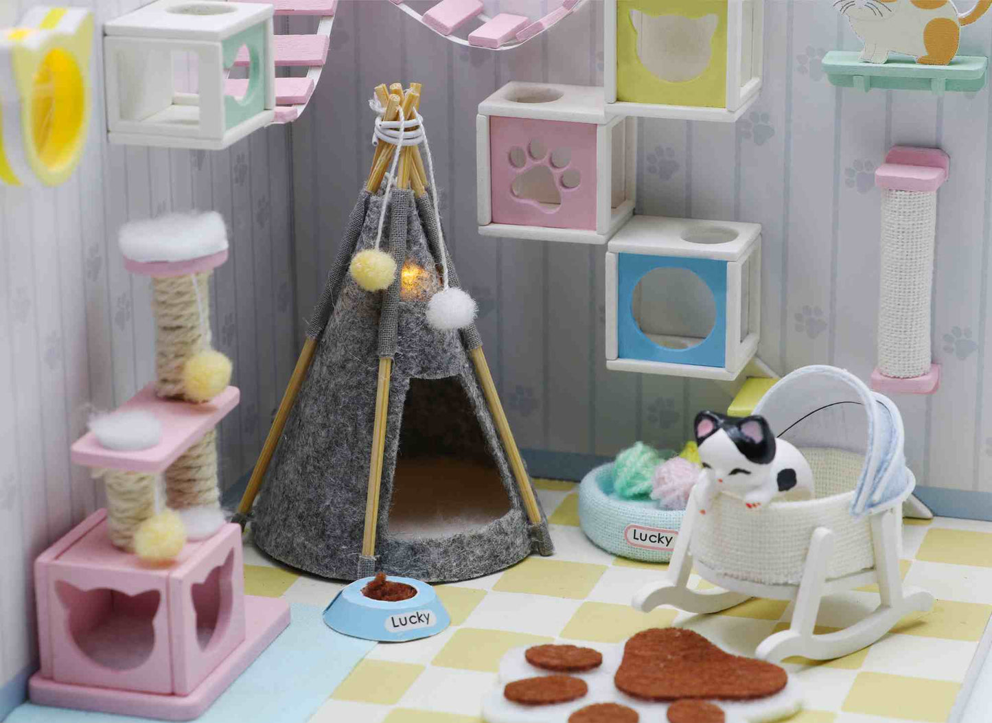 DIY Wooden Miniature "Meow's Home" (S2009) Doll house toy w/ LEDs, Glue and Dust Cover Birthday Gift
