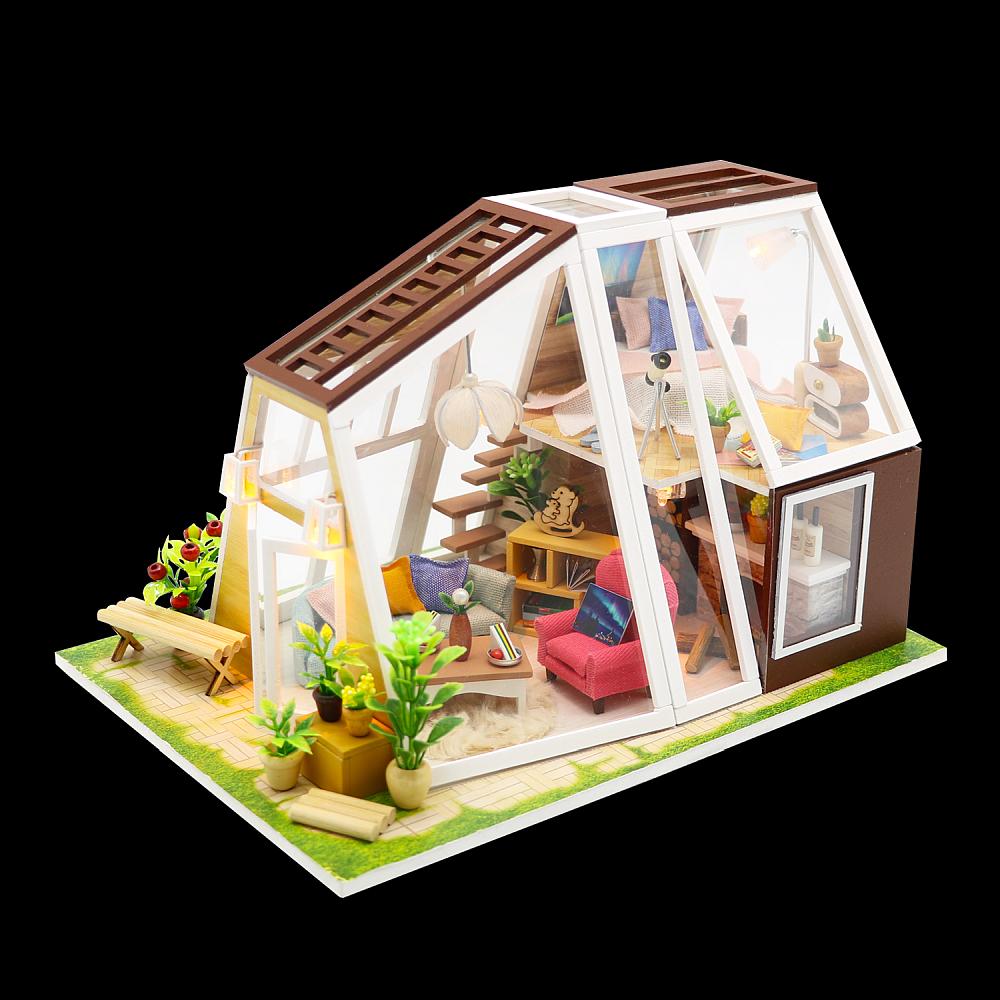 DIY M902 'The Aurora Hut' Wooden Miniature Dollhouse w/ LEDs, Dust Proof Cover and Glues
