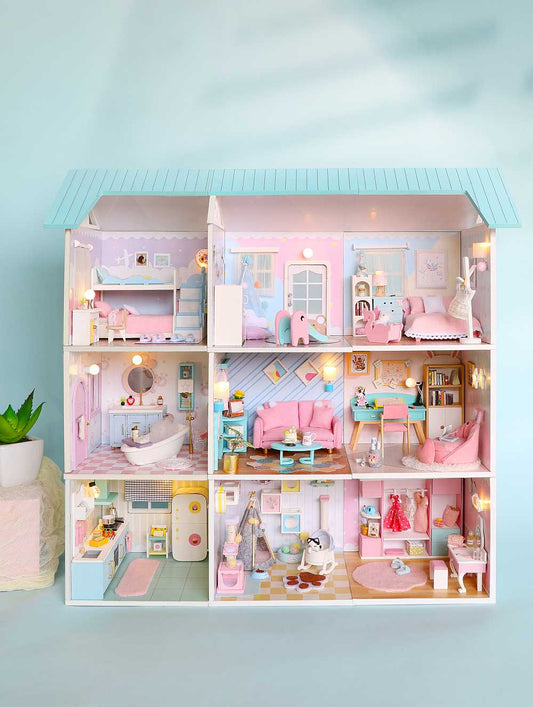 Hoomeda DIY  Nine-in-One Combined Wooden Miniature Dollhouse w/ LEDs and Roofs Birthday Gift