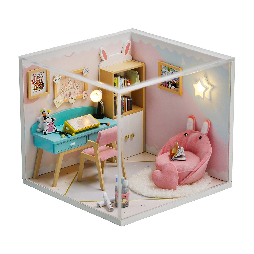 DIY Wooden Miniature "Study Room" (S2006) Doll house toy w/ LEDs, Glue and Dust Cover Birthday Gift