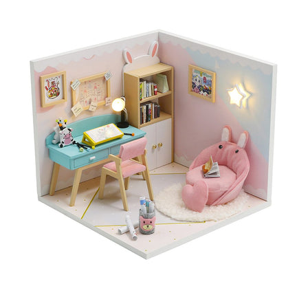 DIY Wooden Miniature "Study Room" (S2006) Doll house toy w/ LEDs, Glue and Dust Cover Birthday Gift