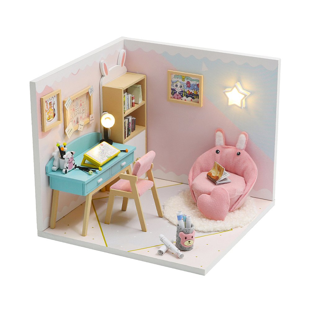 DIY Wooden Miniature "Study Room" (S2006) Doll house toy w/ LEDs, Glue and Dust Cover Birthday Gift