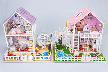DIY 'Spring Romance' Assemble Modern Dollhouse Miniature DIY Kit Dollhouse With Furniture LED Lights, Dust Cover and Glues