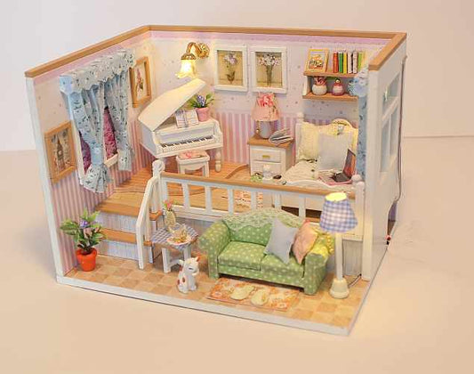 M026 ’Because of You‘ Wooden Miniature Dollhouse w/ LED Lights and Dust Proof Cover Assemble Dollhouse