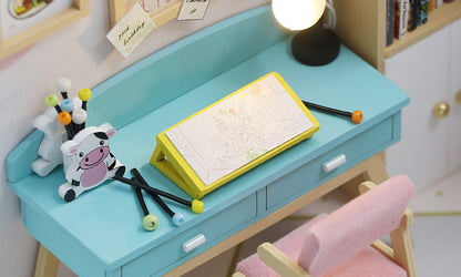 DIY Wooden Miniature "Study Room" (S2006) Doll house toy w/ LEDs, Glue and Dust Cover Birthday Gift
