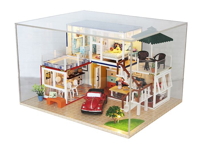 Dollhouse Wooden Furniture Kits 13842 'Container Home B'  w/ Dust Proof Cover, LEDs and Glues, Handmade Gifts Birthday Presents