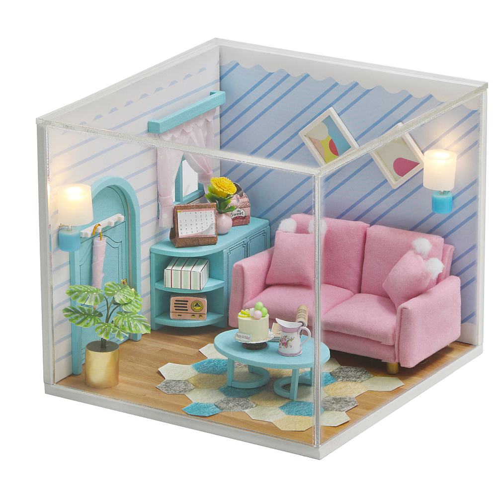 Wooden Miniature "Sunny Living Room" (S2004) Doll house toy w/ LEDs, Glue and Dust Cover Birthday Gift