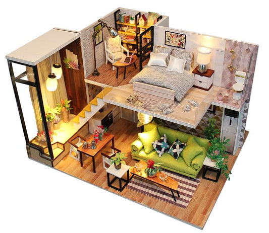 DIY M030 ’Enjoy the Romantic Nordic‘ Wooden Miniature Dollhouse w/ Dust Cover, LEDs and remote control switch