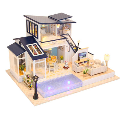 DIY Dollhouse Furniture Kits 'Mermaid Tribe‘ Wooden Miniature Dollhouse w/LED Lights, Glues and Dust Proof Cover Handmade Gifts Birthday Presents