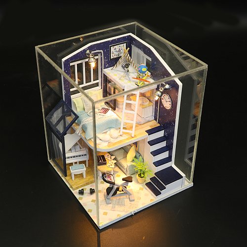 Assemble 'Shining Star‘ w/ LEDs, Dust Proof Cover and Glue Wooden Miniature Dollhouse Furniture Kits Gifts for Friend
