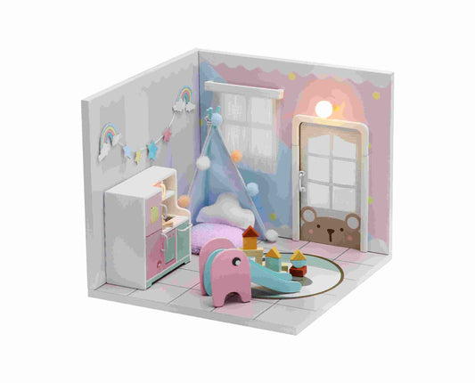 DIY Wooden Miniature "Rainbow House" (S2008) Doll house toy w/ LEDs, Glue and Dust Cover Birthday Gift