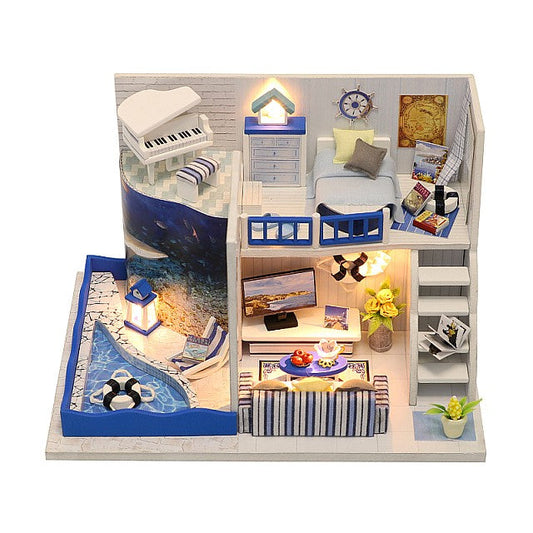 DIY M040 'The Sound of the Sea‘ Wooden Kids Toy Miniature Dollhouse w/ LED Lights and Glue