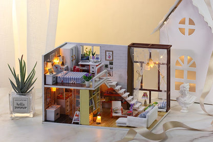 IIE CREATE Contracted City (K028) Assemble Wooden Miniature Dollhouse w/LEDs, Dust Proof Cover and Glues Birthday Gifts