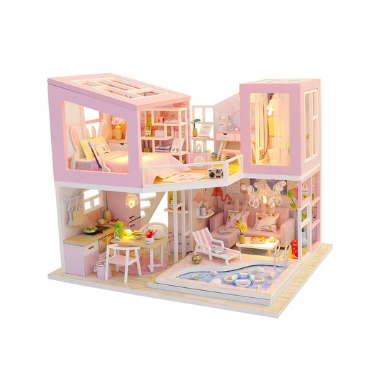 Hongda 'First Love‘ (M915) Wooden Miniature Dollhouse w/ Dust Cover, Glues and LEDs Miniature Doll House Furniture Kit Gifts for Friends
