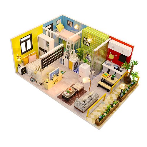 M043 ’Simple Life‘ Wooden Miniature Dollhouse w/ LEDs, Dust Proof Cover and Glues