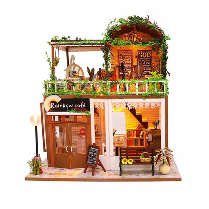 DIY M906 'Rainbow Café' Wooden Miniature Dollhouse w/ LEDs, Dust Proof Cover and Glues