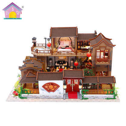 A Splendid Family (L905) Wooden Dollhouse w/LED Lights, Dust Cover and Glues Handmade Gifts Birthday Presents