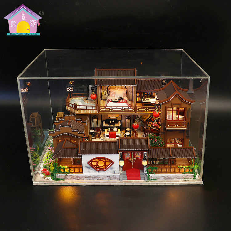 Wooden Dollhouse Furniture Kits "A Splendid Family "(L905) w/LED Lights, Dust Cover and Glues Handmade Gifts Birthday Presents