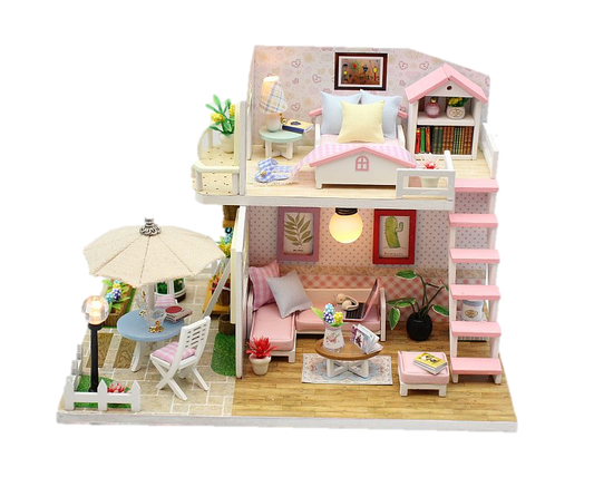 DIY M033 'Pink Loft‘ Wooden Kids Toy Miniature Dollhouse w/Dust Cover, LED Lights and Glue Present for Girls