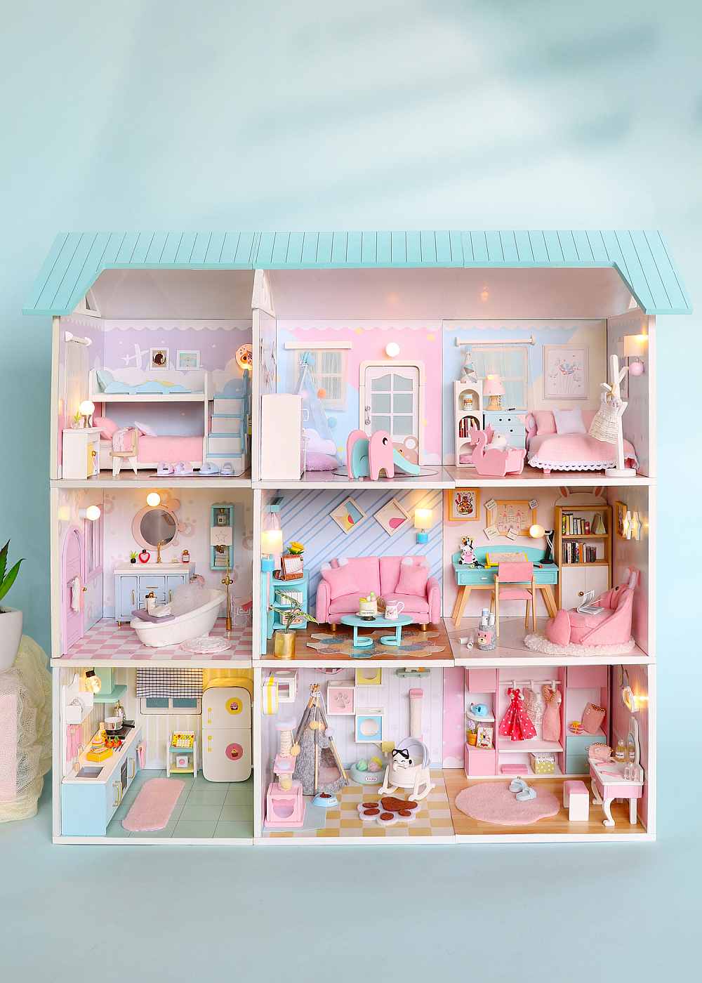Hoomeda DIY  Nine-in-One Combined Wooden Miniature Dollhouse w/ LEDs and Roofs Birthday Gift
