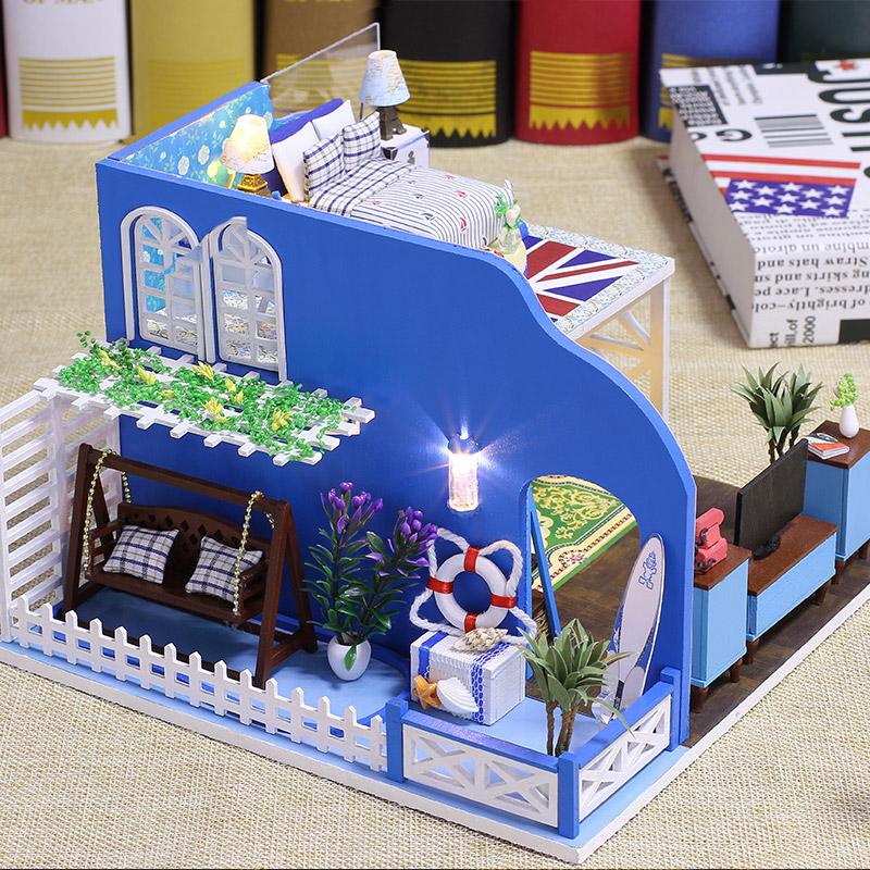 IIE CREATE Blue Coast (K024) Assemble Wooden Miniature Dollhouse w/LEDs, Dust Proof Cover and Glues Birthday Gifts