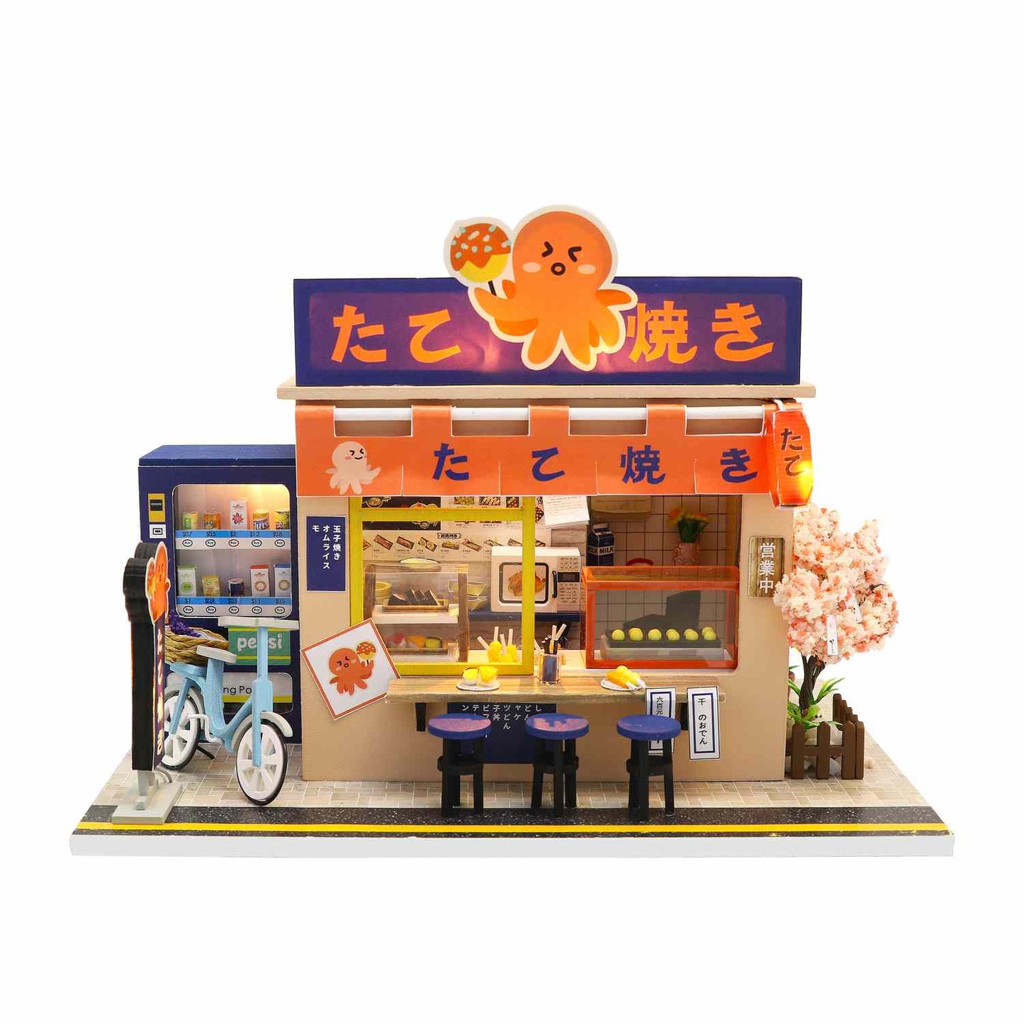 DIY M913 ’Star Takoyaki‘ Wooden Miniature Dollhouse w/LED Lights and Dust Proof Cover and Glue Assemble Dollhouse