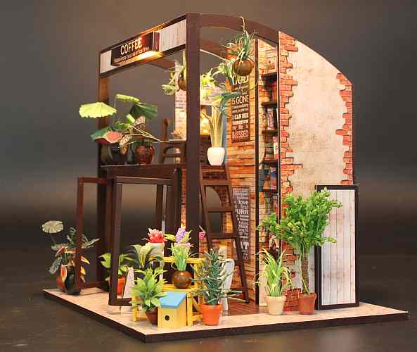 DIY Miniature Doll House 'Coffee House' w/ Glues and LEDs Handmade gifts Present, Wooden Crafts Furniture Kits (M027)
