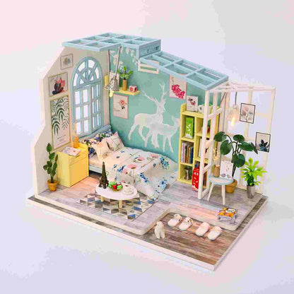 Assemble Wooden Kids Toy Miniature Dollhouse 'Family Nap' w/ LEDs and Dust Proof Cover and Glue Birthday Present
