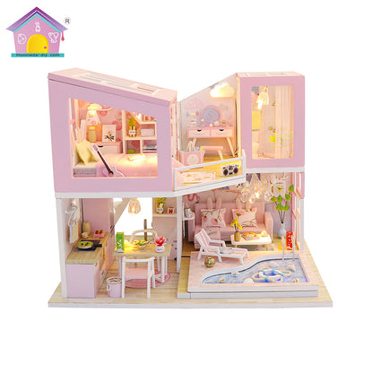 Hongda 'First Love‘ (M915) Wooden Miniature Dollhouse w/ Dust Cover, Glues and LEDs Miniature Doll House Furniture Kit Gifts for Friends