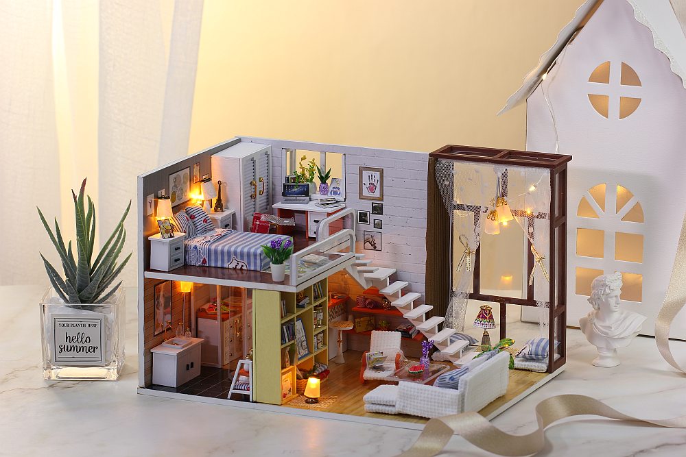 IIE CREATE Contracted City (K028) Assemble Wooden Miniature Dollhouse w/LEDs, Dust Proof Cover and Glues Birthday Gifts
