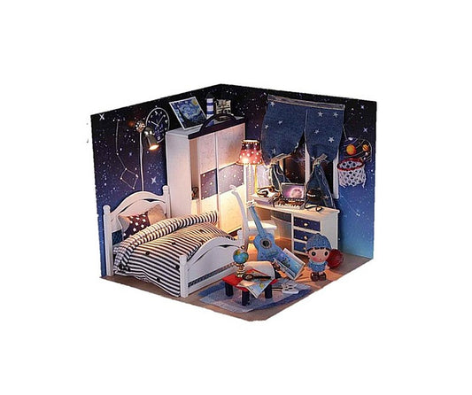 Wooden Miniature Dollhouse Furniture Kits 'Take You to See the Stars' w/LEDs, Dust Proof Cover and Glue Handmade Gifts Craft Presents