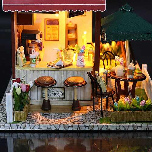 DIY (C006) "Coffee Time" Miniature Doll House Shop  w/LEDs Dust-proof Cover and Glue Present for Boys and Girls Wooden Crafts